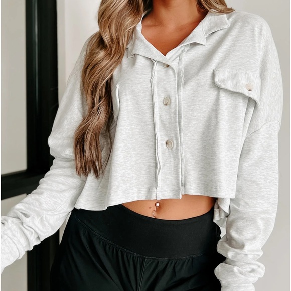 Bucket List Typically Basic Oversized Crop Shacket in Heather Grey - Picture 2 of 13
